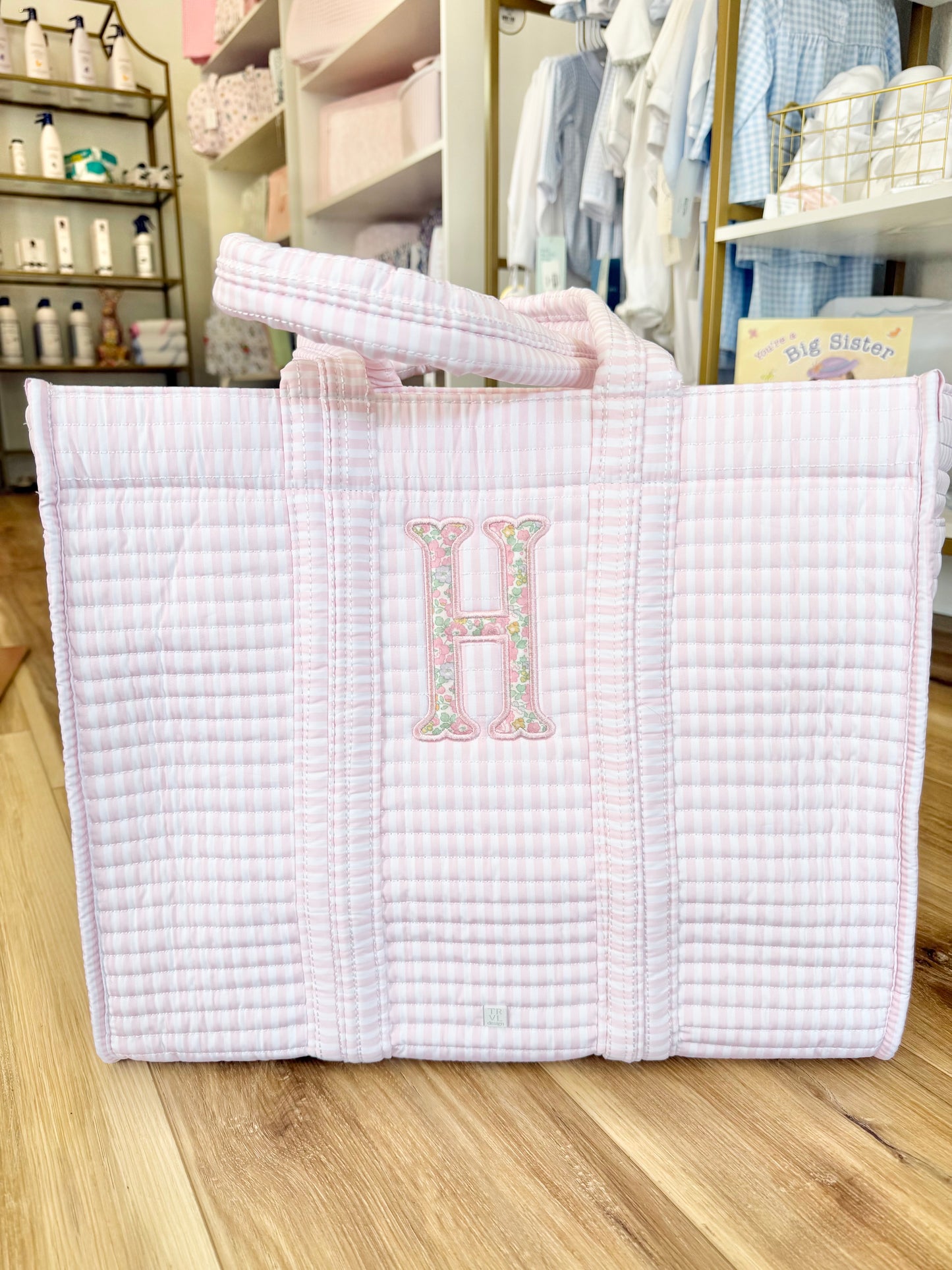 TRVL Pink Stripe Quilted Tote- single applique initial