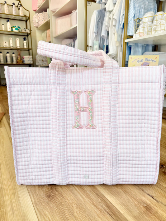 TRVL Pink Stripe Quilted Tote- single applique initial