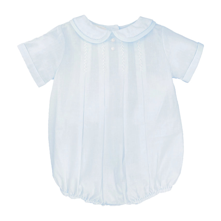 Petit Ami Light Blue Romper with Hand Feather Stitching
