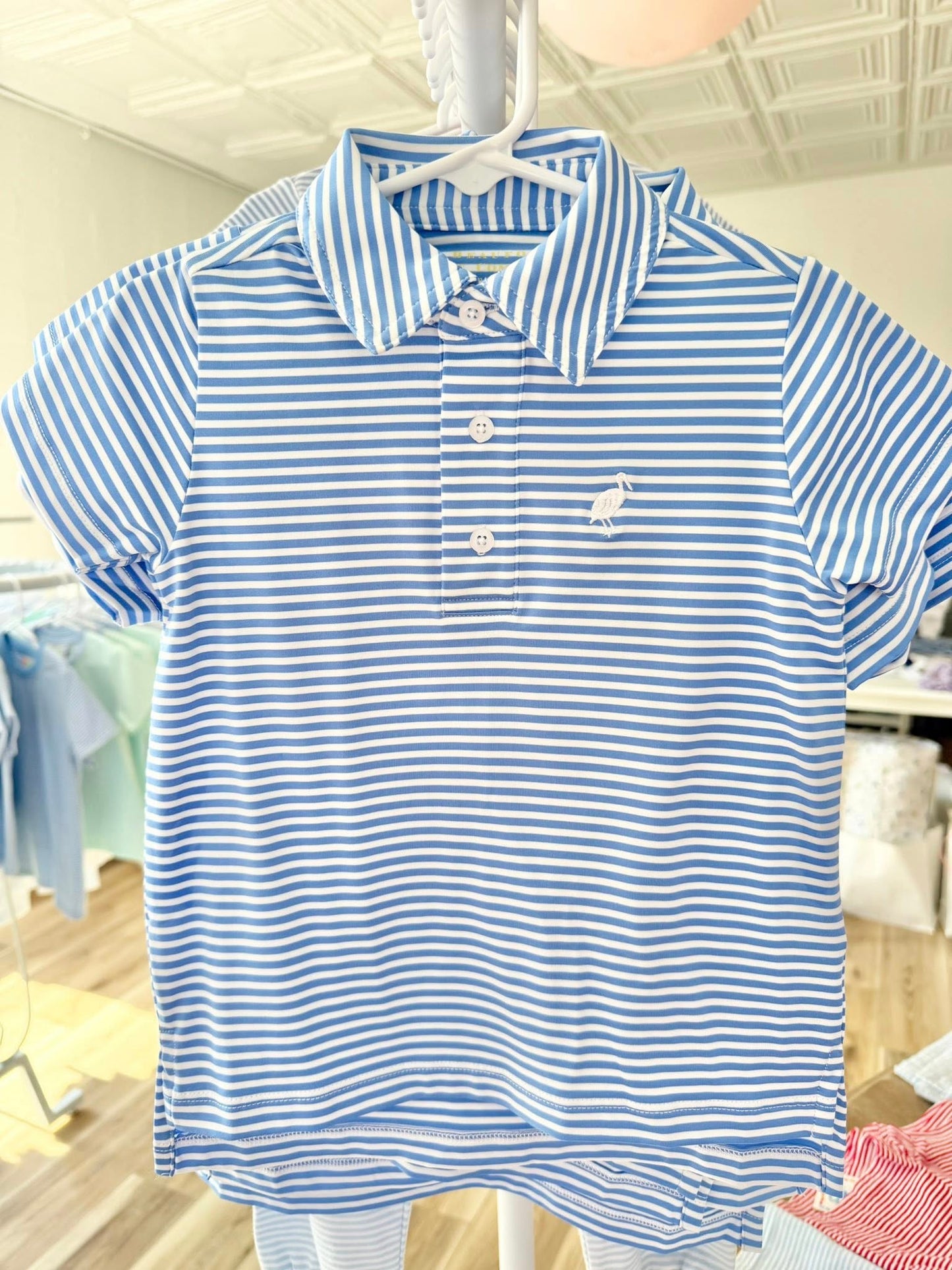 The Beaufort Bonnet Company Prepletic™ Prim & Proper Polo- Sunrise Blvd. Stripe with Worth Avenue White Stork