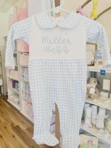 Blue Check Collar Footie - Bubbly Font Name