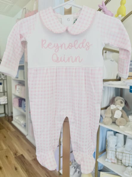 Pink Check Collar Footie - Bubbly Font Name
