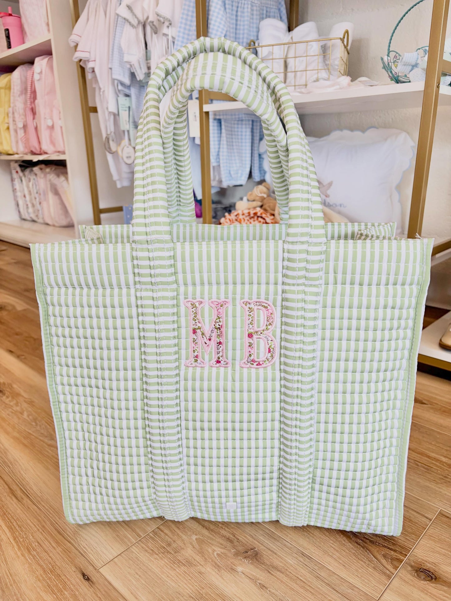 TRVL Sage Stripe Quilted Tote - Dounle Applique Initials