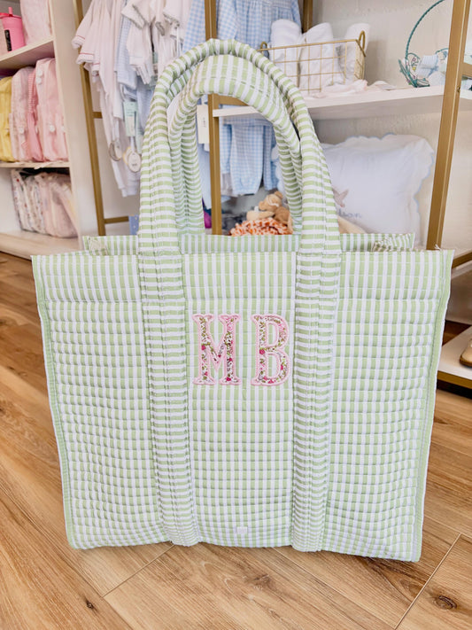 TRVL Sage Stripe Quilted Tote - Dounle Applique Initials