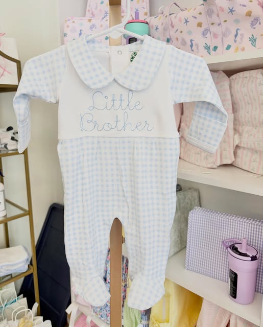 Blue Check Collar Footie- Little Brother Embroidered