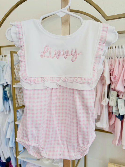 Pink Check Ruffle Bib Bubble Romper - Bubbly Font Name