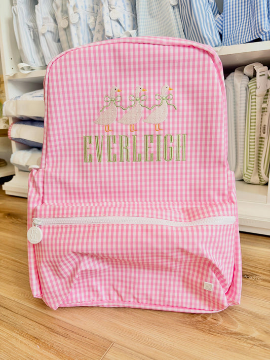 TRVL Pink Gingham Backpack- Goose Trio- Graved Font Name