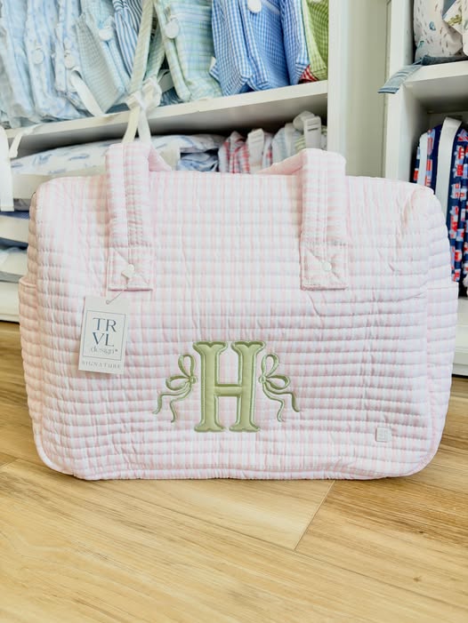 TRVL Pink Stripe Quilted Stroller Bag - Single Initial with Bows