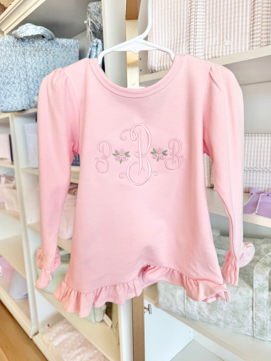 Pink Long Sleeve Ruffle Tee with Script Floral Initials