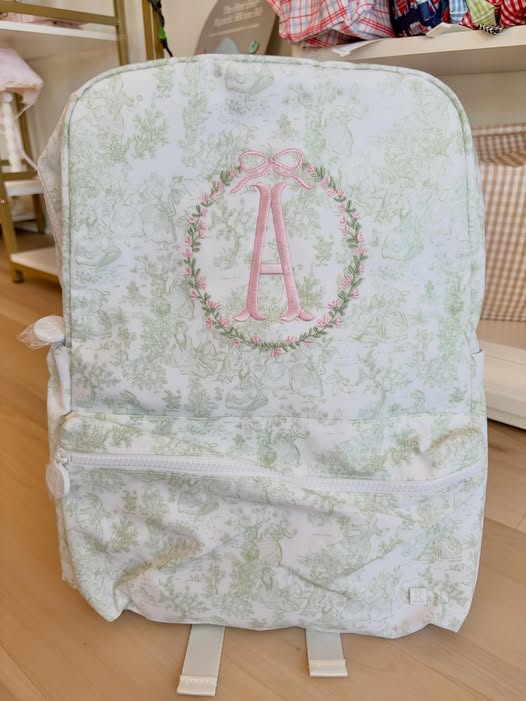 TRVL Green Bunny Toile Backpack- Pink Sage Crest with Single Initial