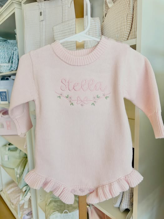 Pink Long Sleeve Knit Ruffle Bubble with Floral Design