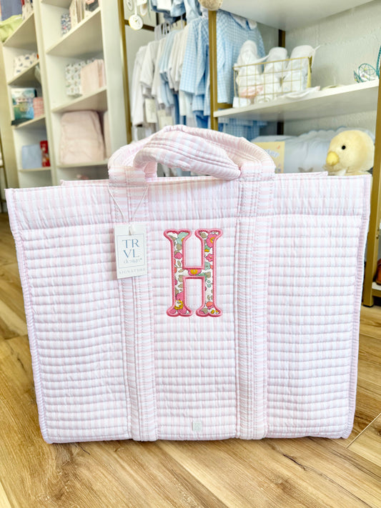 TRVL Pink Stripe Quilted Tote- single applique initial