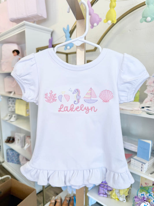 Summer Girl Seashell Embroidered Ruffle Tee
