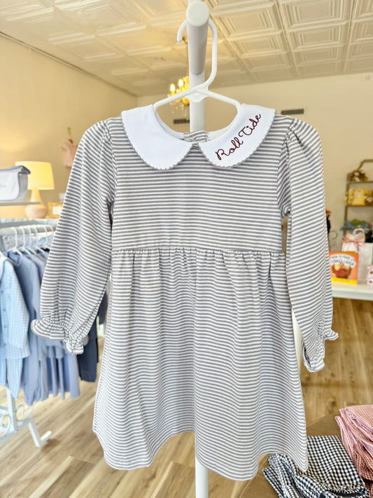 Gray Stripe Long Sleeve Collar Dress