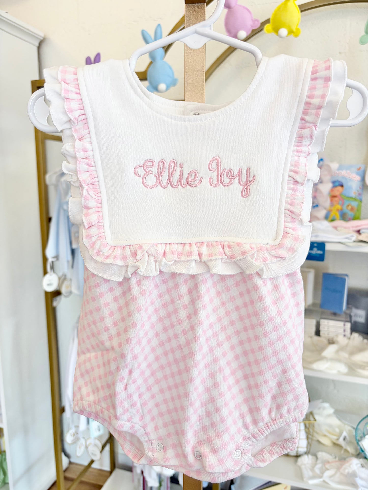 Pink Check Ruffle Bib Bubble Romper