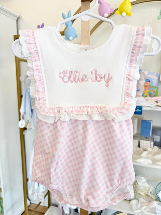 Pink Check Ruffle Bib Bubble Romper