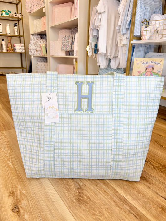 TRVL XL Classic Green Plaid Tote- Single initial Appliqué