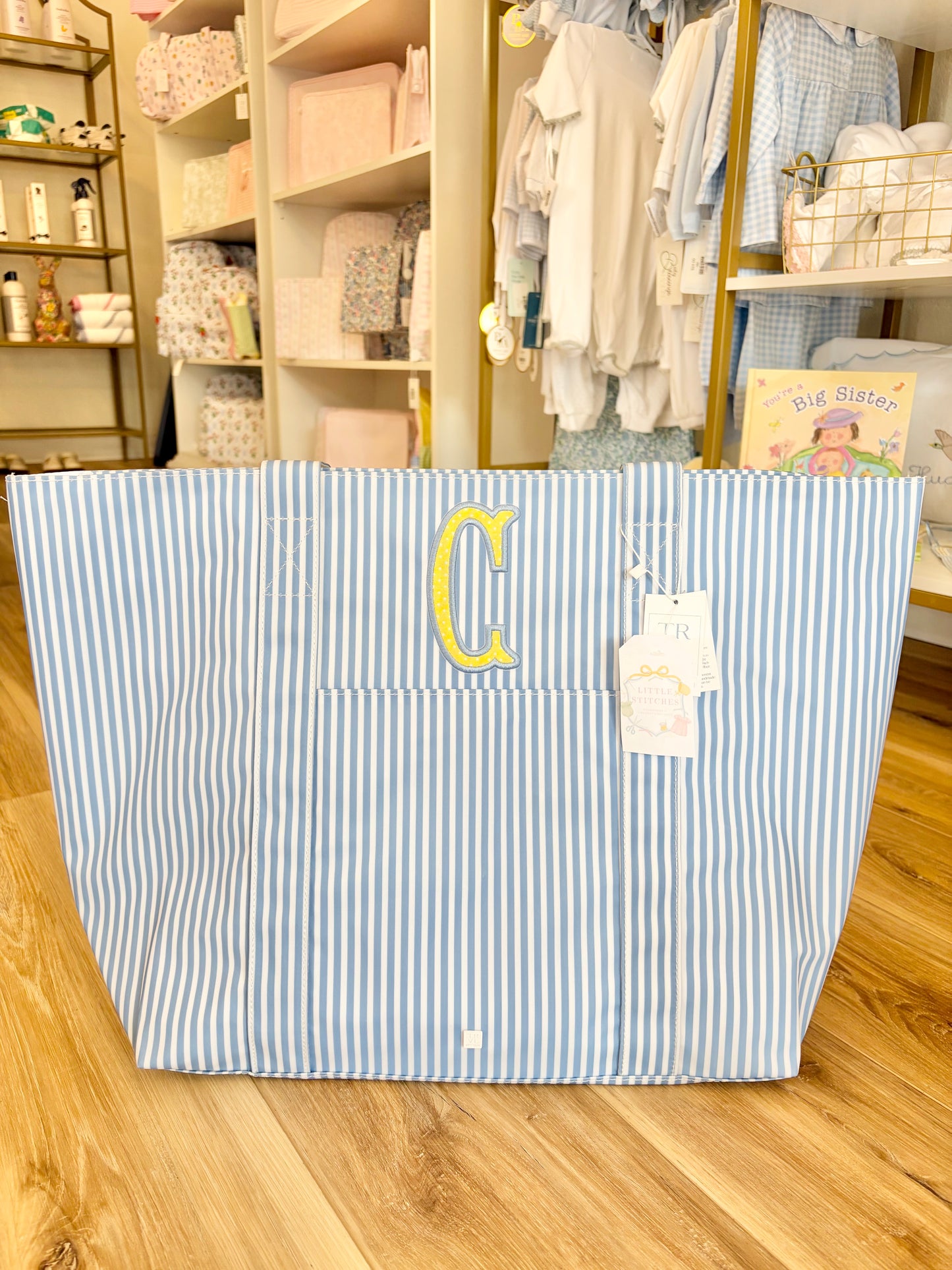 TRVL XL Chambray Pimlico Stripe Tote- Single initial Appliqué