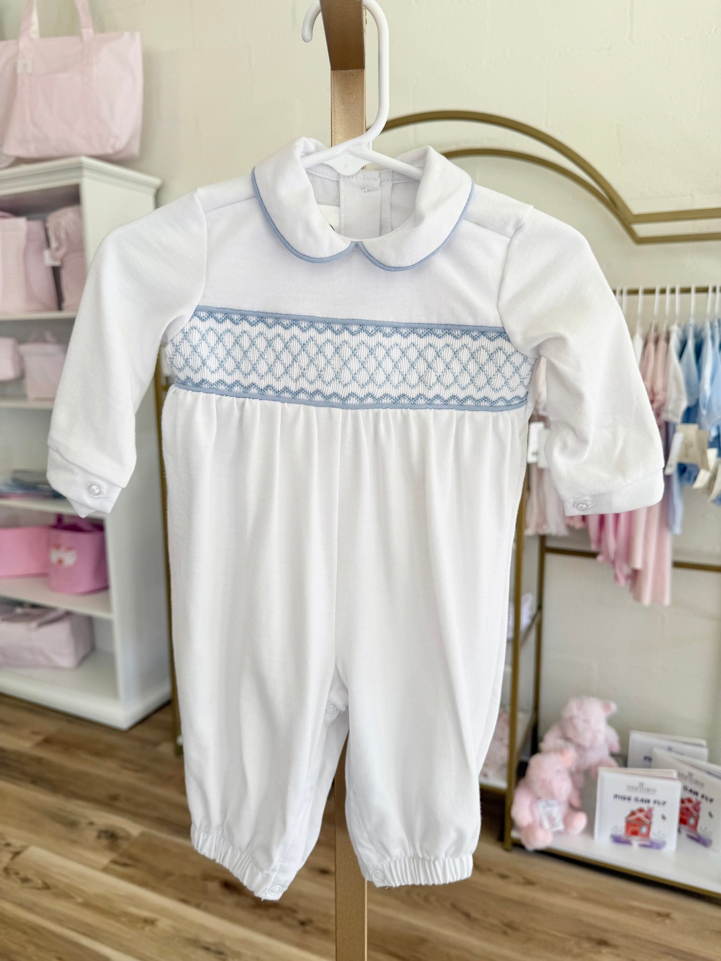 White and Light Blue Smocked Levi Romper