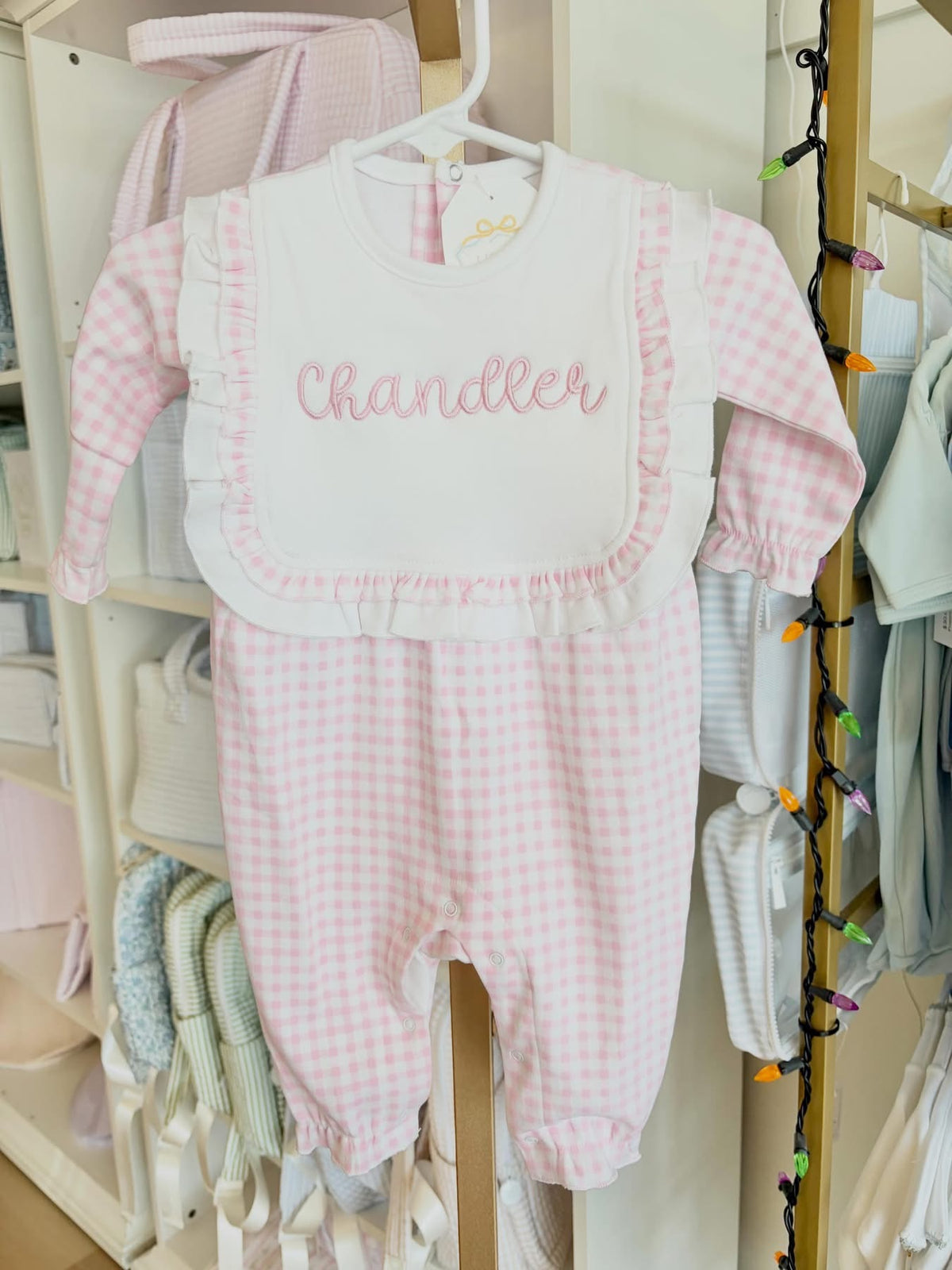 Pink Check Long Sleeve Ruffle Bib Romper- Bubbly Font Name