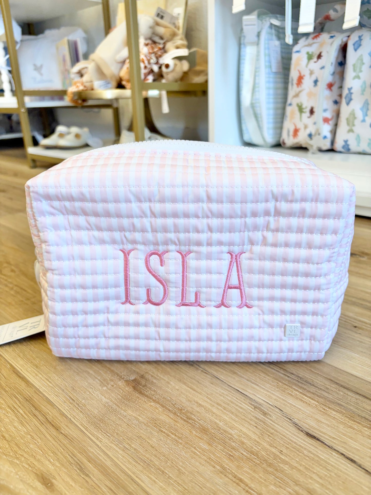 TRVL Pimlico Pink Stripe Everday Quilted Bag- Fishtail Font Name