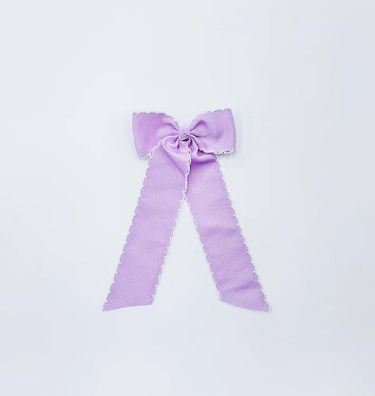 Long Tail Light Purple with White Trim Hair Embroidered Hair Bow
