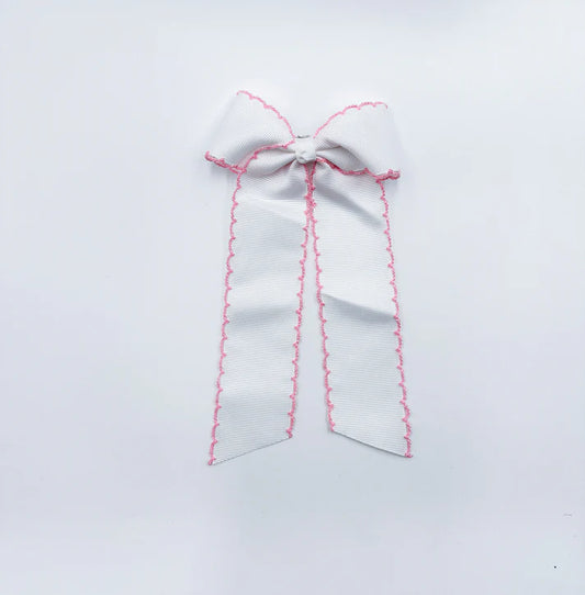 Long Tail White with Medium Pink Trim Hair Embroidered Hair Bow