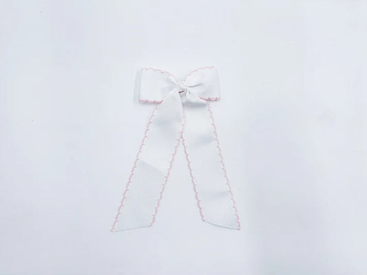 Long Tail White with Light Pink Trim Hair Embroidered Hair Bow