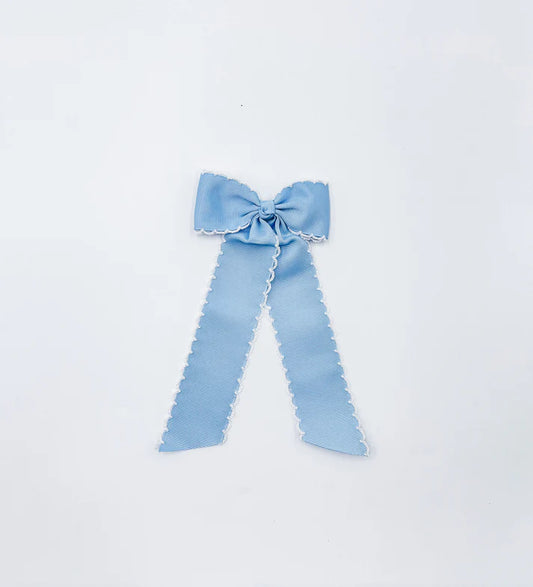 Long Tail Light Blue with White Trim Hair Embroidered Hair Bow