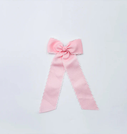 Long Tail Light Pink with White Trim Hair Embroidered Hair Bow