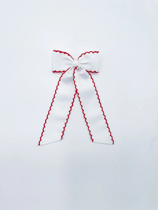 Long Tail White with Red Trim Hair Embroidered Hair Bow