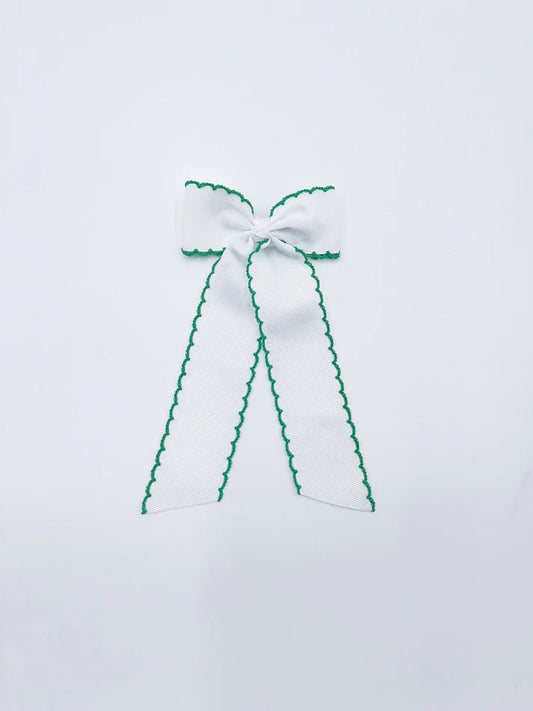 Long Tail White with Green Trim Hair Bow