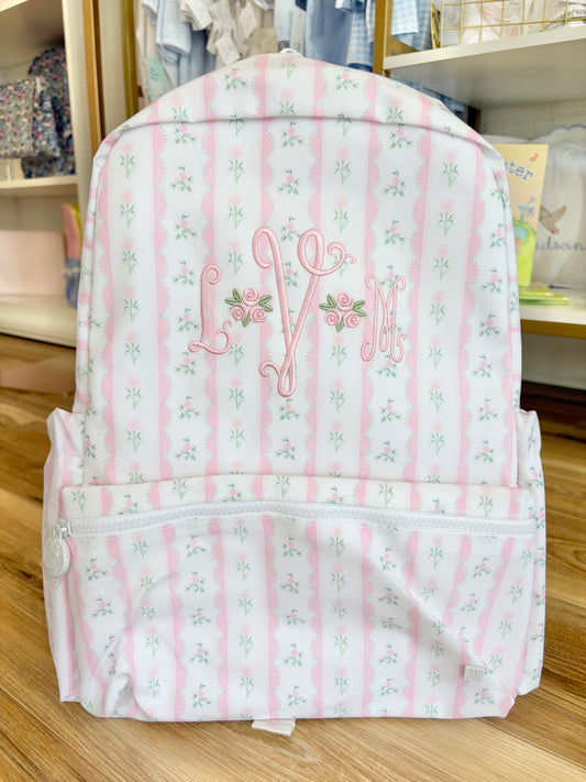 TRVL Pink Ribbon Floral Backpack- Script Monogram with Roses