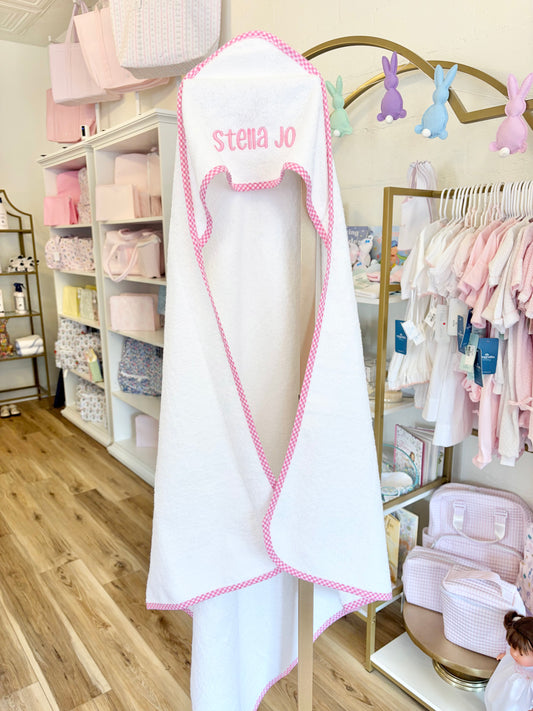 Pink Gingham Trim Hooded Towel