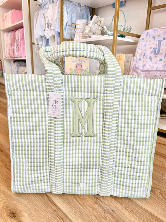 TRVL Sage Stripe Quilted Tote- Single Initial Applique