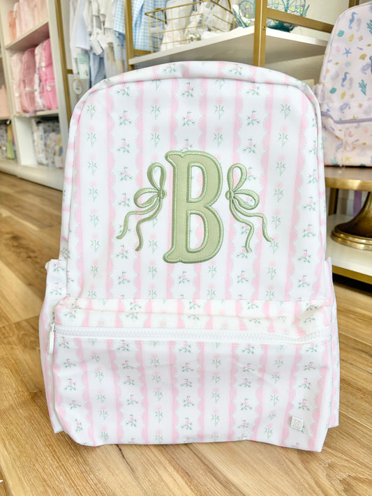TRVL Pink Ribbon Floral Bakcpack- Single Initial Applique with Bows