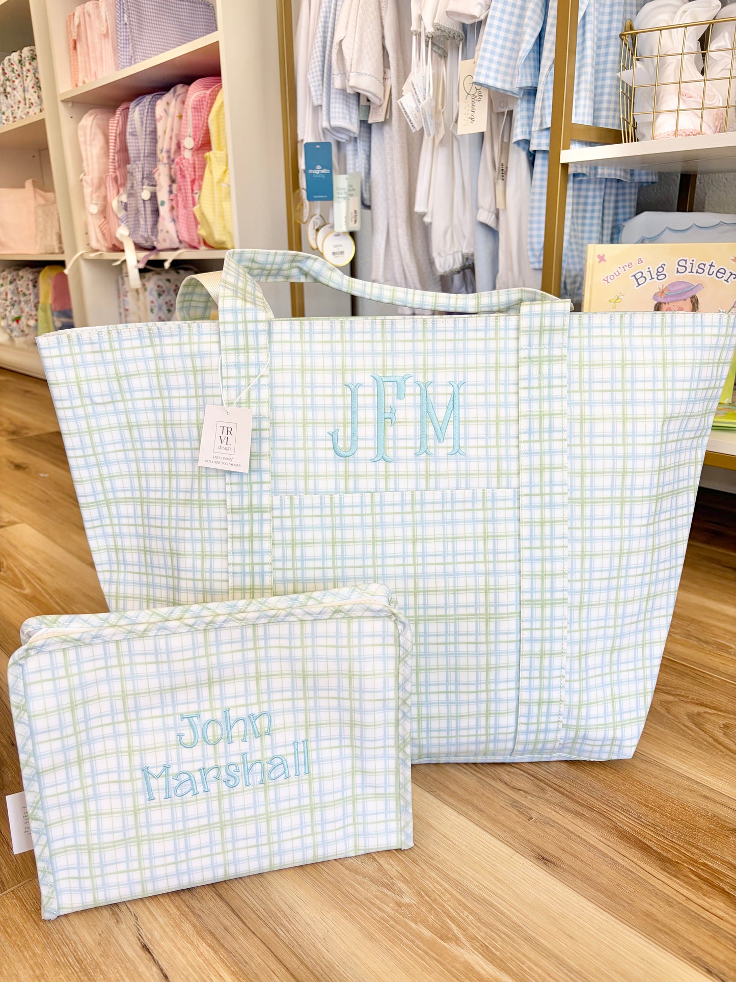 TRVL XL Green Classic Plaid Tote- Fishtail Initials