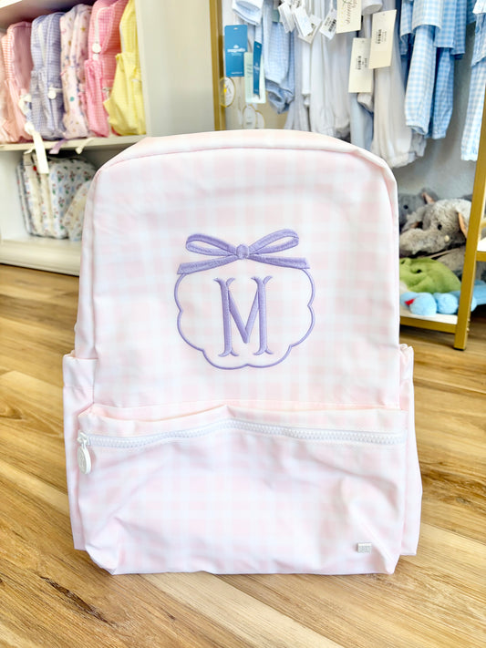 TRVL Pink Pimlico Plaid Backpack- Lavender Initial Bow