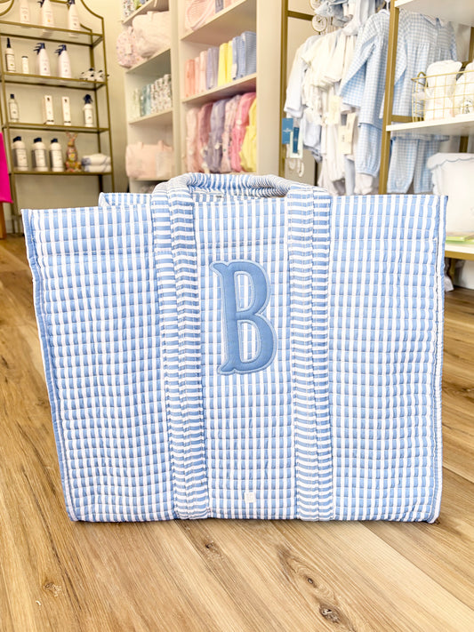 TRVL Chambray Pimlico Stripe Quilted Tote- Single Initial Applique