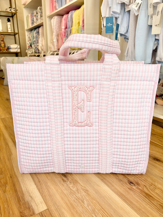 TRVL Pink Stripe Quilted Tote- Single Initial Applique