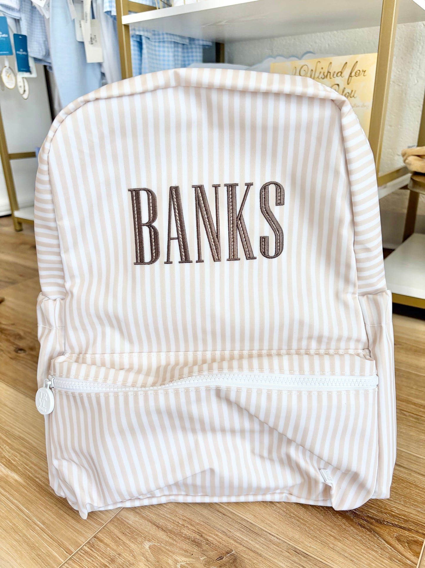 TRVL Sand Pimlico Stripe Backpack- Graved Filled Font