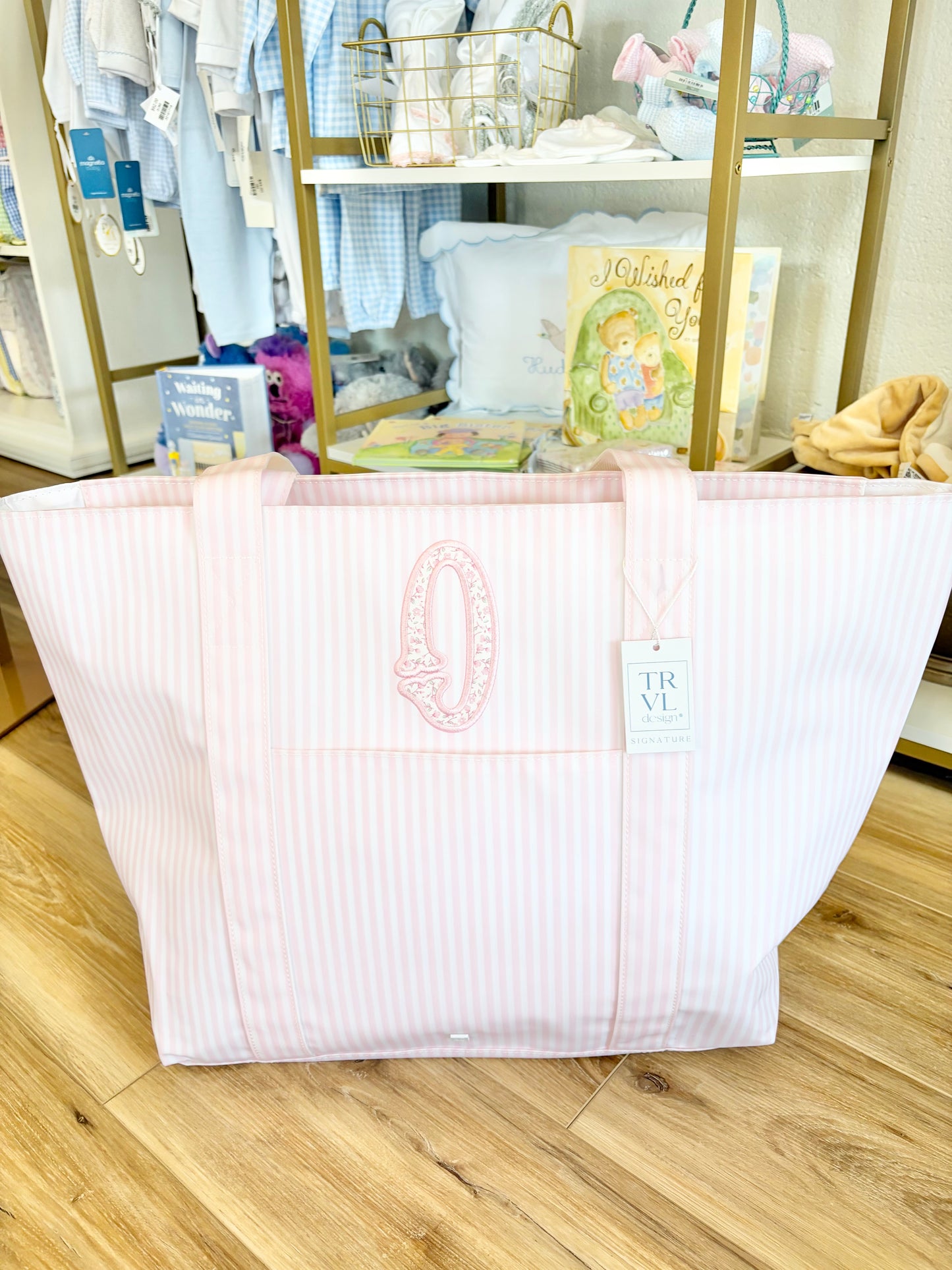 TRVL XL Pink Pimlico Stripe Tote- Single initial Appliqué