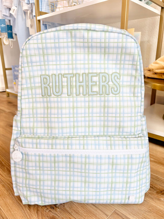 TRVL Classic Green Plaid Backpack- bebas font name