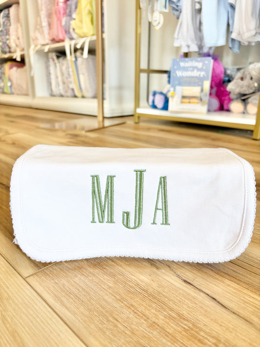 White Trim Burp Cloth- Sage Graved Initials
