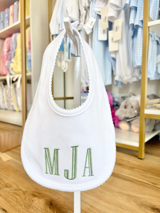 White Trim Bib- Sage Graved Initials