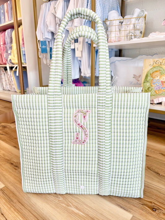 TRVL Sage Stripe Quilted Tote - Single Applique Initial