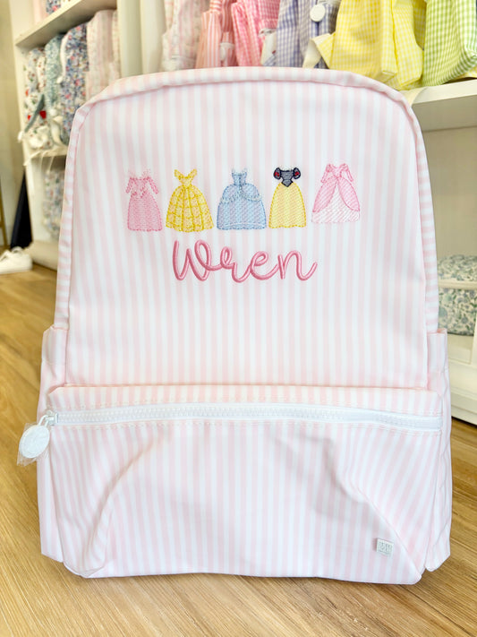 TRVL Pink Stripe Backpack- Princess Dresses with Name