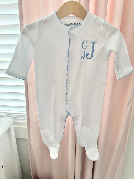 Blue Trim Baby Footie with Blue Stack Initials