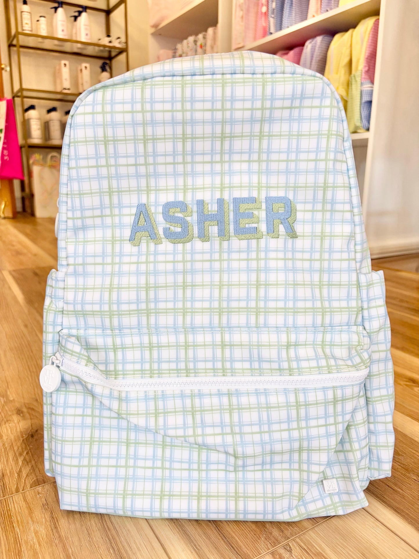 TRVL Classic Green Plaid Backpack- ABC font name
