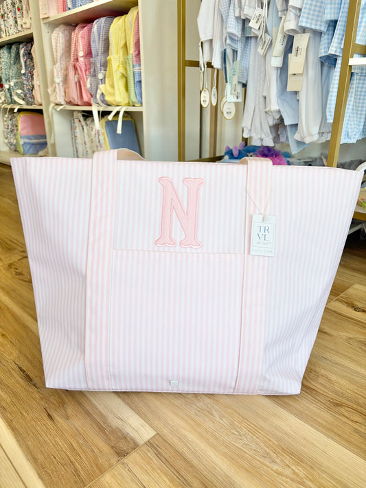 TRVL XL Pink Pimlico Stripe Tote- Single initial Appliqué